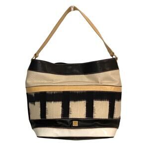 Liz Claiborne Large Shoulder Bag Black Beige Checks Tan - Leather Cotton READ